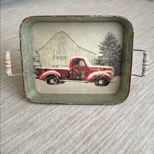 ‘Tree Farm With Truck' Metal Serving Tray with Handles by Lori Deiter, 14” x 11”